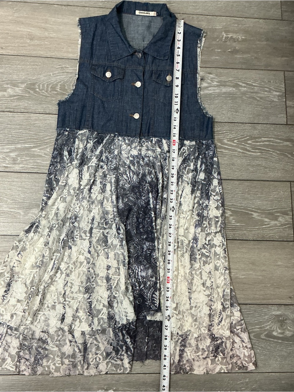 ORIGAMI by Vivian Denim and Lace Button Up Tunic Vest Duster Boho Chic L/XL - Picture 5 of 12